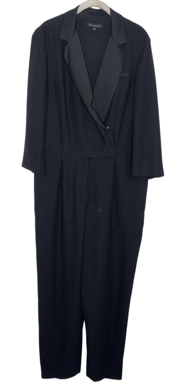 Banana Republic Jumpsuit Pin Stripe Womens 3/4 Sleeve V Neck Wrap Size 14
